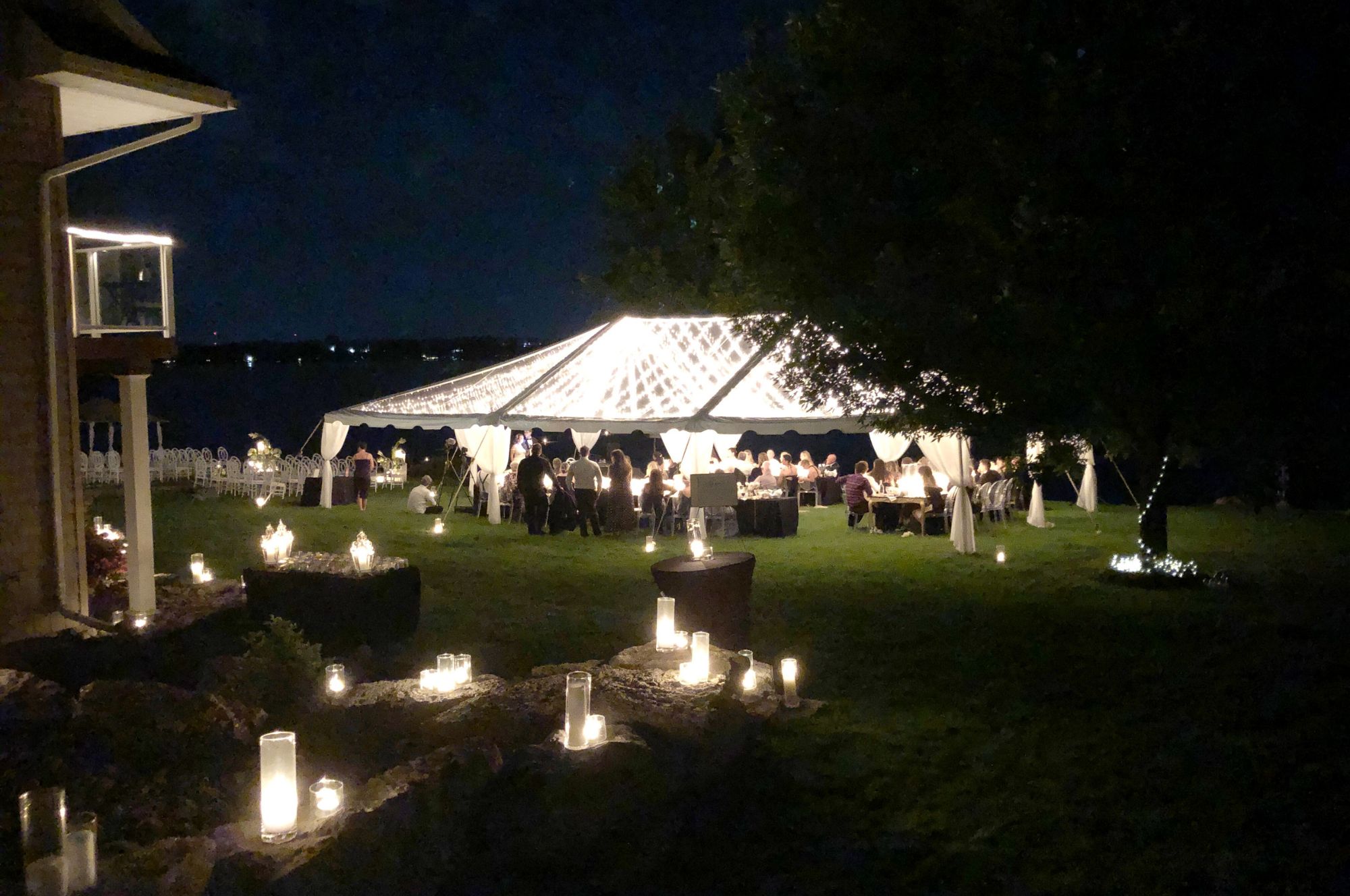 Clear Top Wedding Reception Tent at Night with Lights