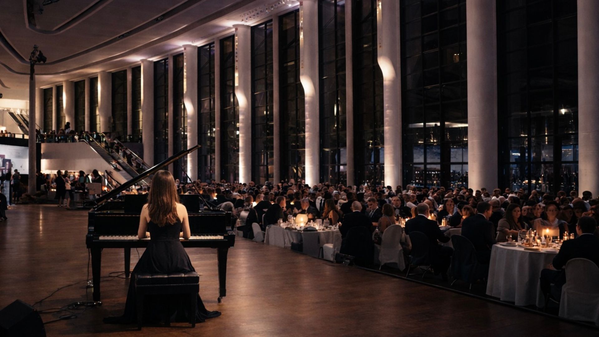 Professional pianist Kimberley Dunn performing on a black grand piano during a gala event at the Canadian Museum of History.