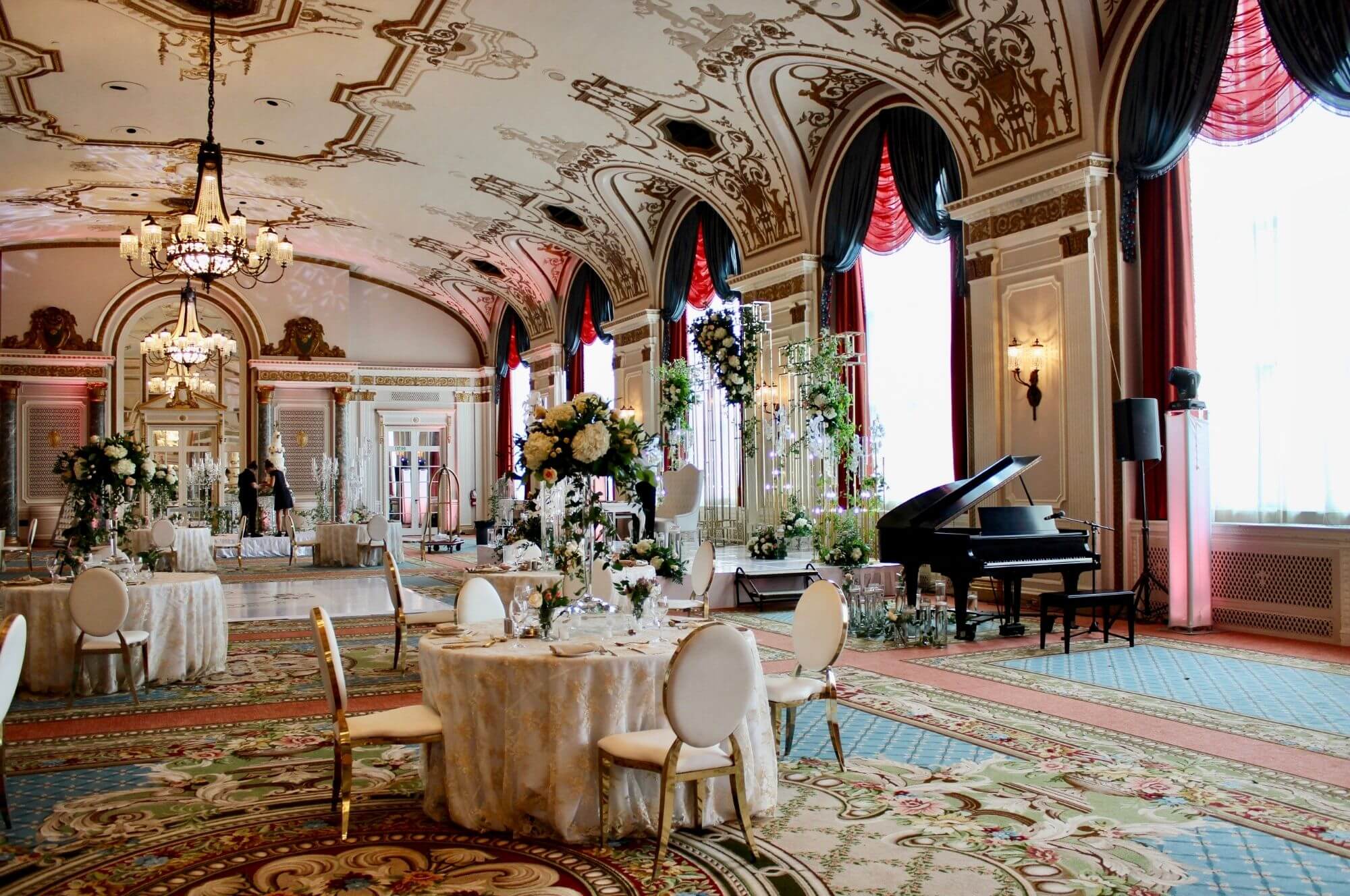 Wedding reception with grand piano in the Chateau Laurier Ballroom