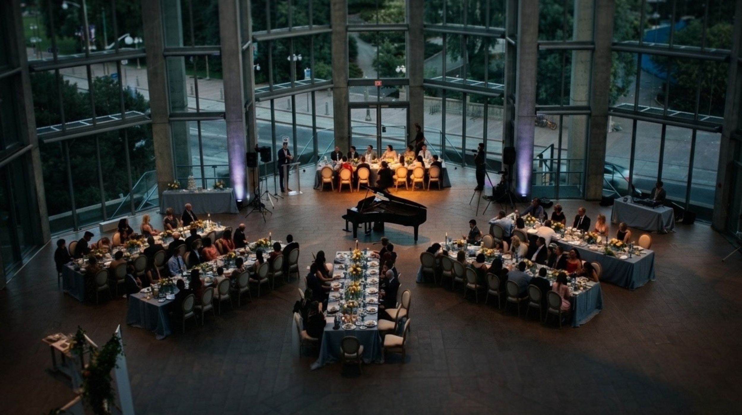 A grand piano set up for a wedding in the Great Hall at the National Gallery of Canada in Ottawa.