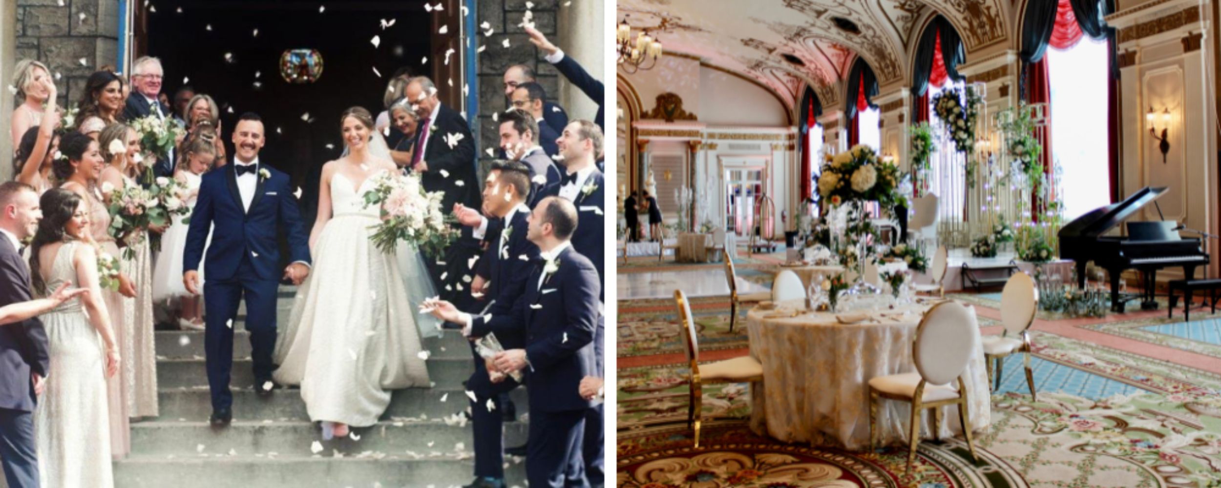 A wedding ceremony at a church followed by a reception in the Chateau Laurier ballroom.