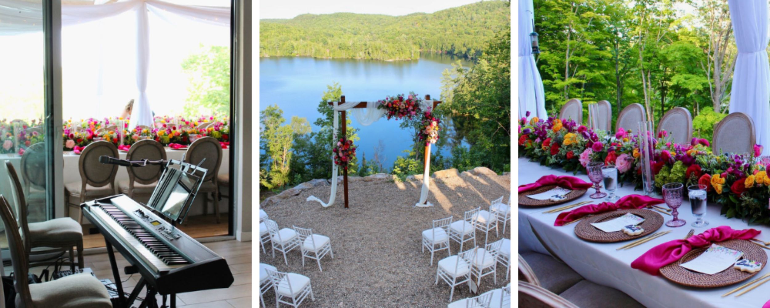 A multi-space setup featuring three different piano and sound station areas for a wedding.